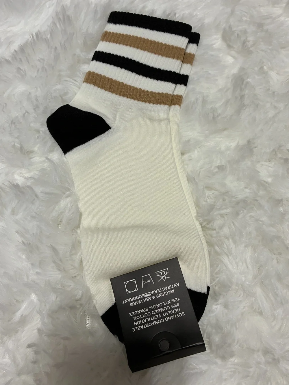 Dior Cream Crew Socks with Black and Tan Stripes